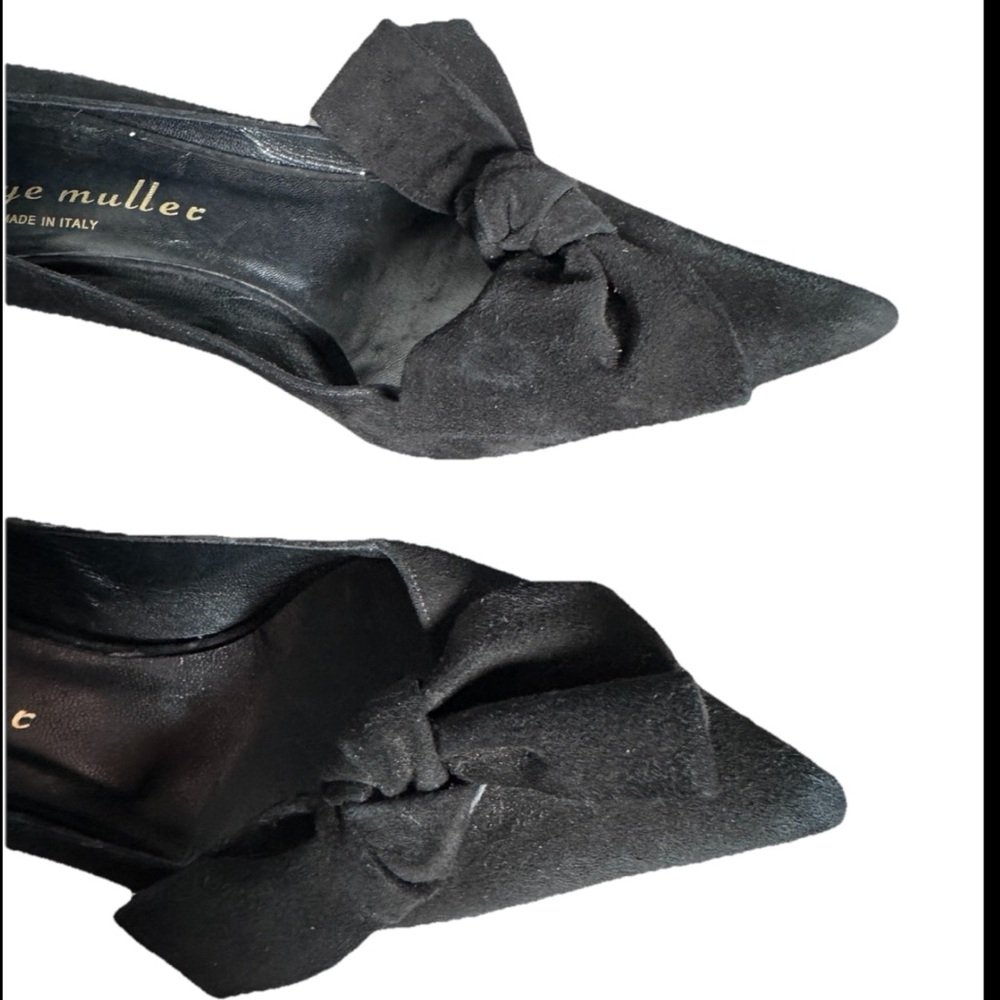 Bettye Muller Shoes Sz 9 Black Pointed Toe Bow Kitten Heels Suede Anthropologie